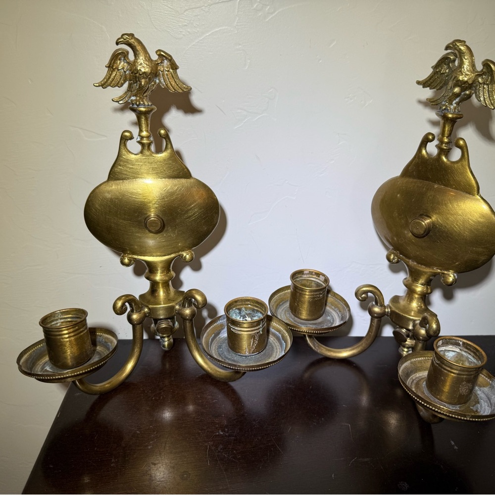 2 Antique Vintage Brass American Eagle Wall Sconce Double Candle‎ Holder Pair